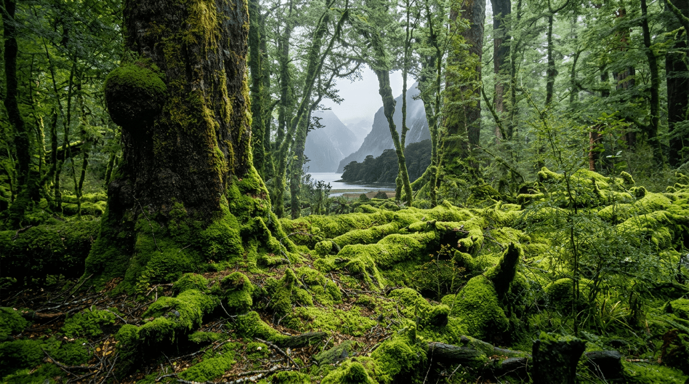 Moss-covered beech forest opening onto a Fiordland sound