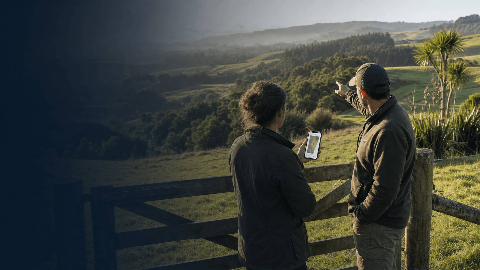 A landholder and hunter at a farm gate looking out over misty hill country, mapping the block on a phone