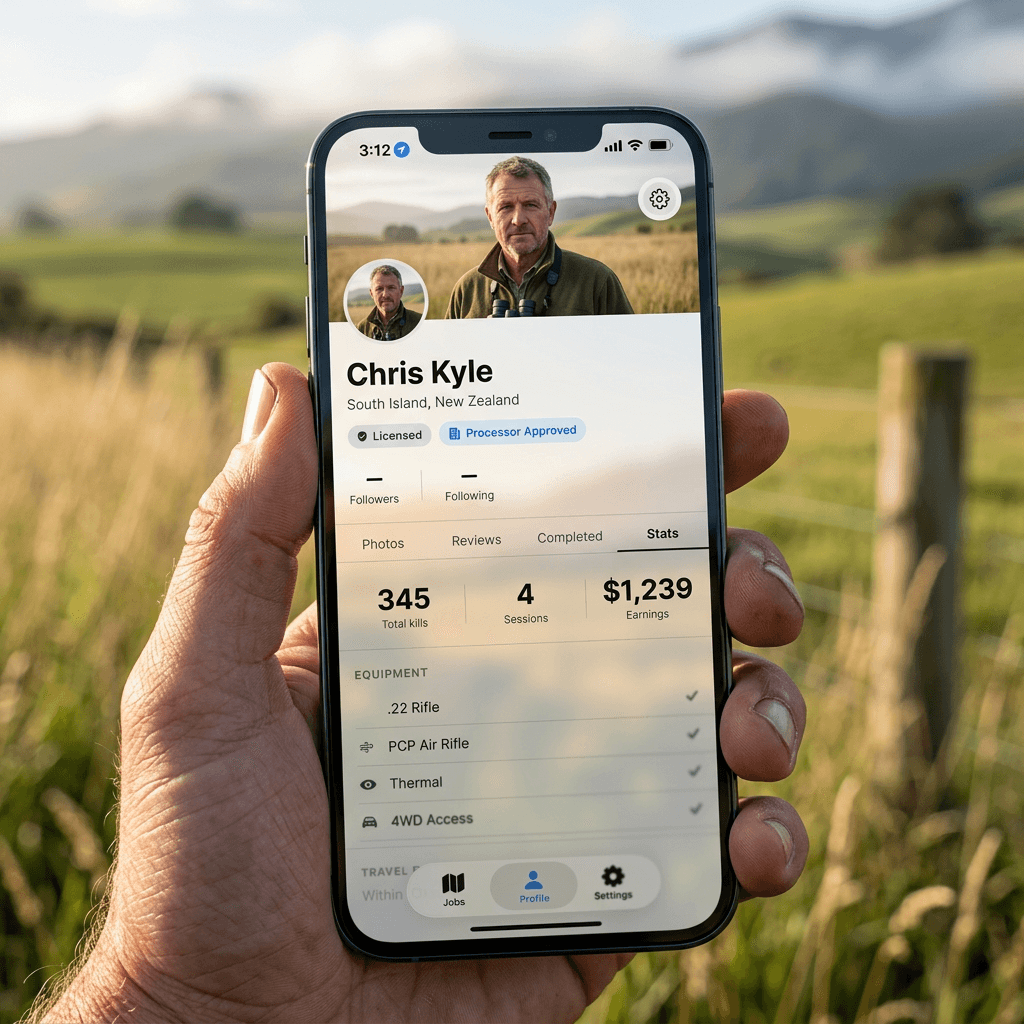 Hunter holding a phone showing their platform profile in the field