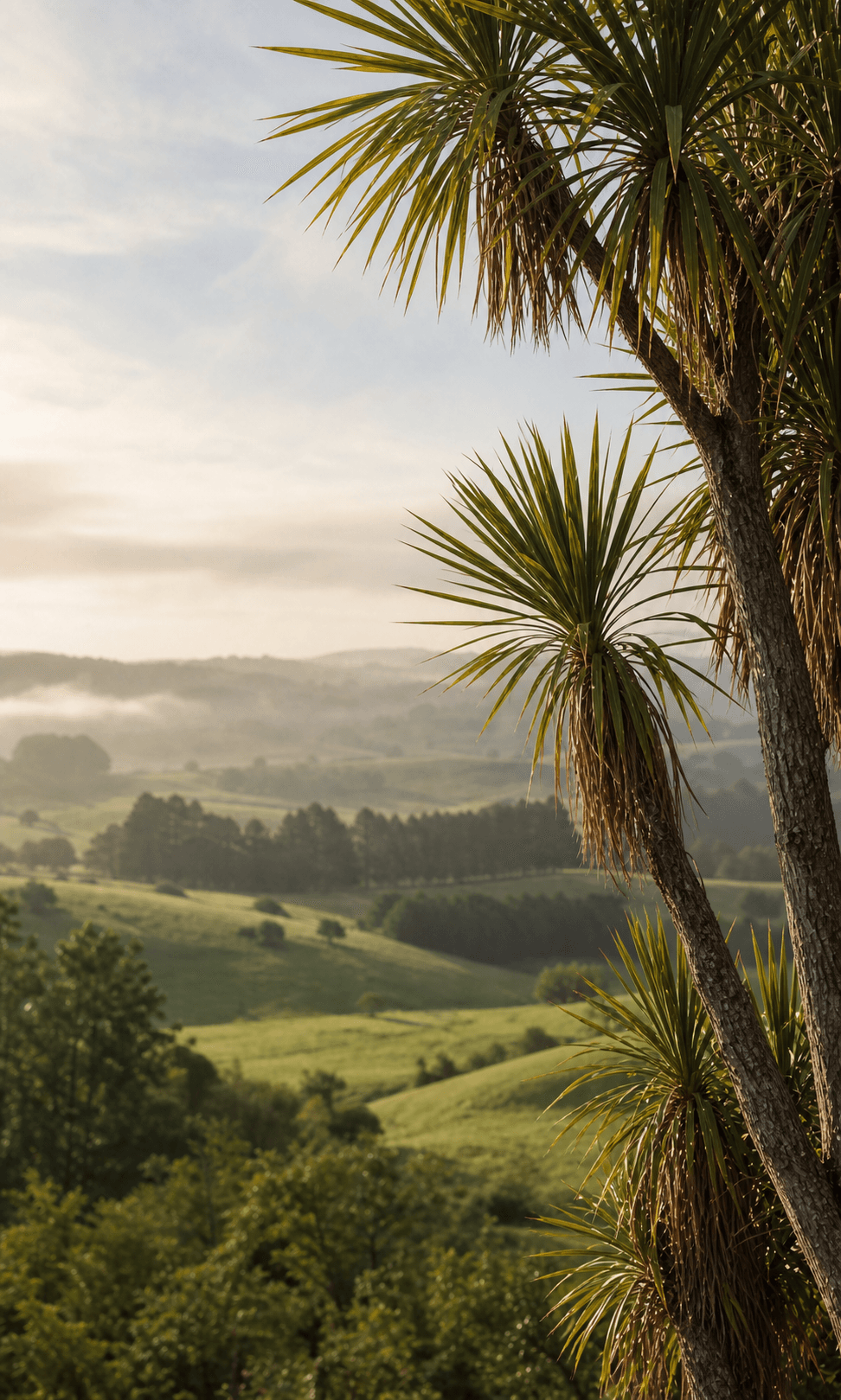 Cabbage trees above misty farmland at dawn