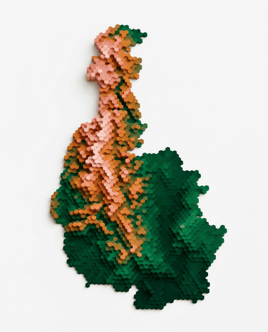Hex-tiled relief map of the land