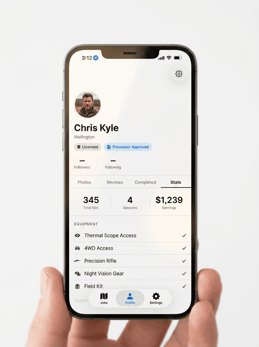 Hunter holding a phone showing their platform profile