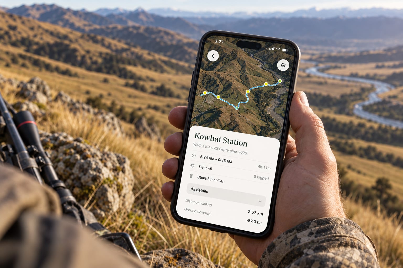 A phone in the field showing a hunting session logged at Kowhai Station