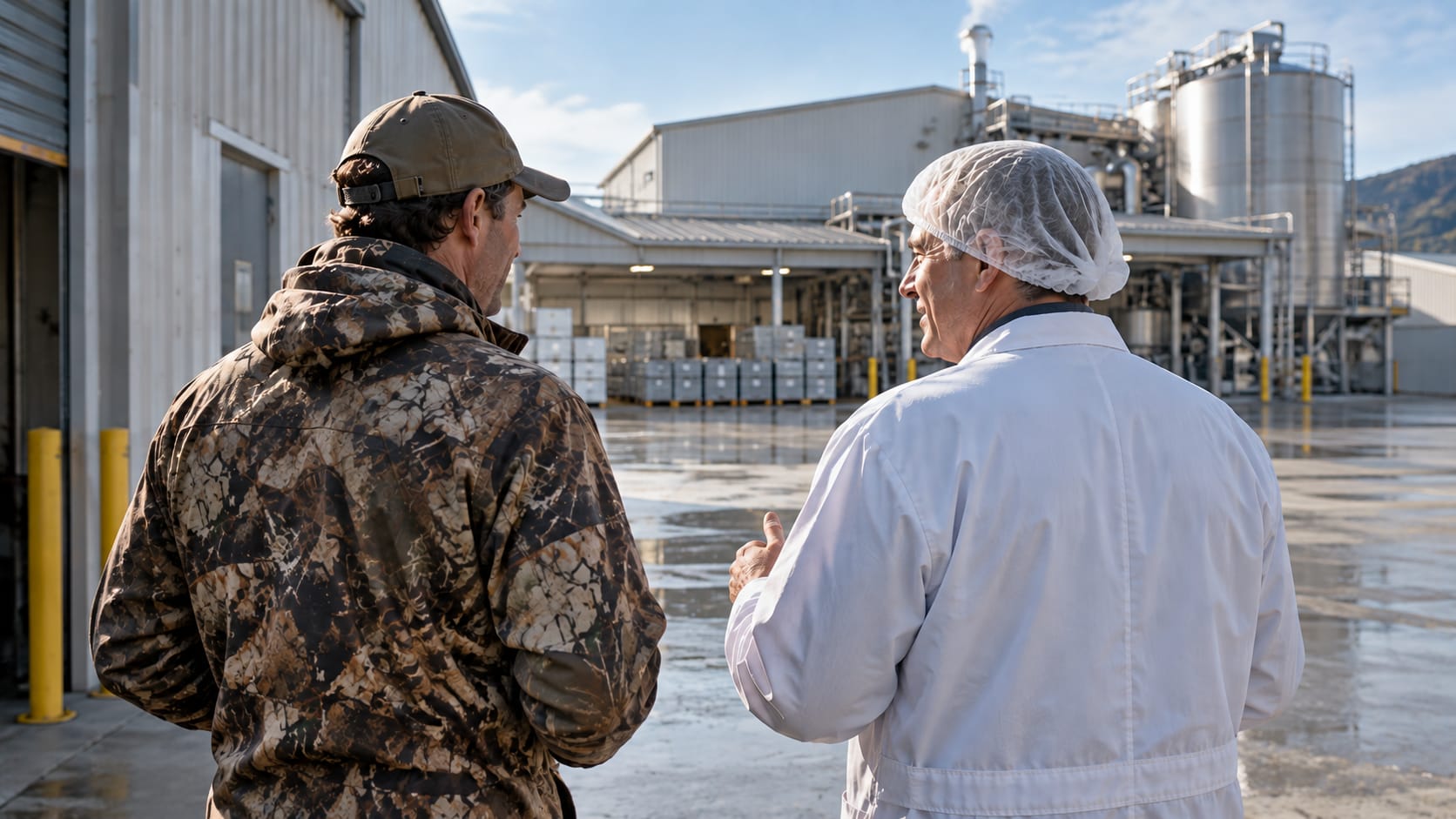 A hunter and a processor talking outside a processing plant
